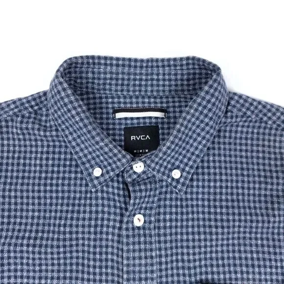 RVCA Flannel Slim Fit Button Down Casual Short Sleeve Shirt Check Navy Blue Gray - Picture 4 of 8